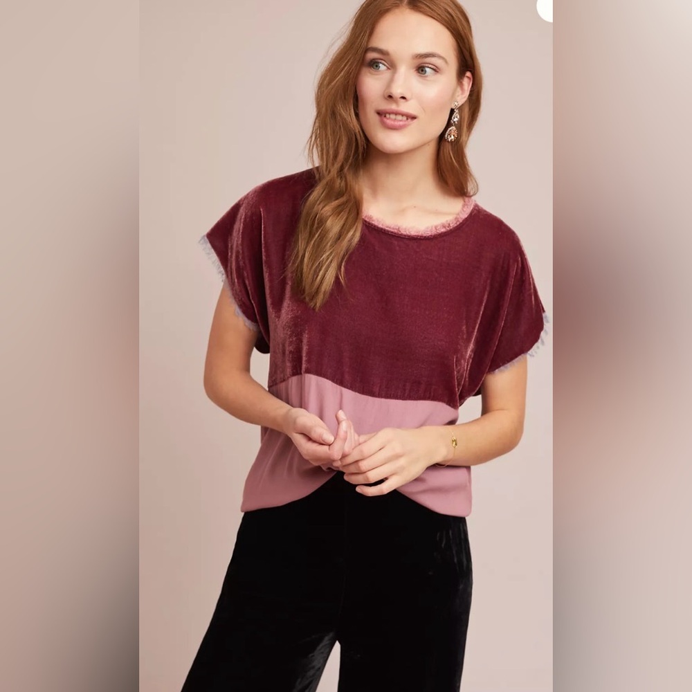 Anthropologie Two-Tone Velvet Top in Burgundy and Dusty Rose